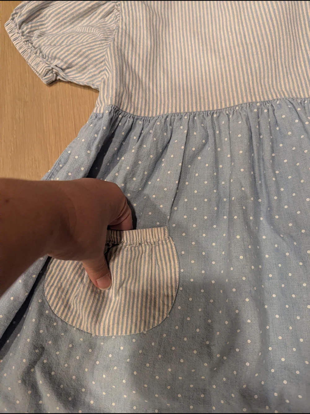 Vintage OshKosh Light Blue Polka Dot Kids Dress with Striped Accents